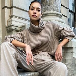 Babaton Aritzia Guell Sweater Merino Wool Turtleneck size Large Oversized Taupe